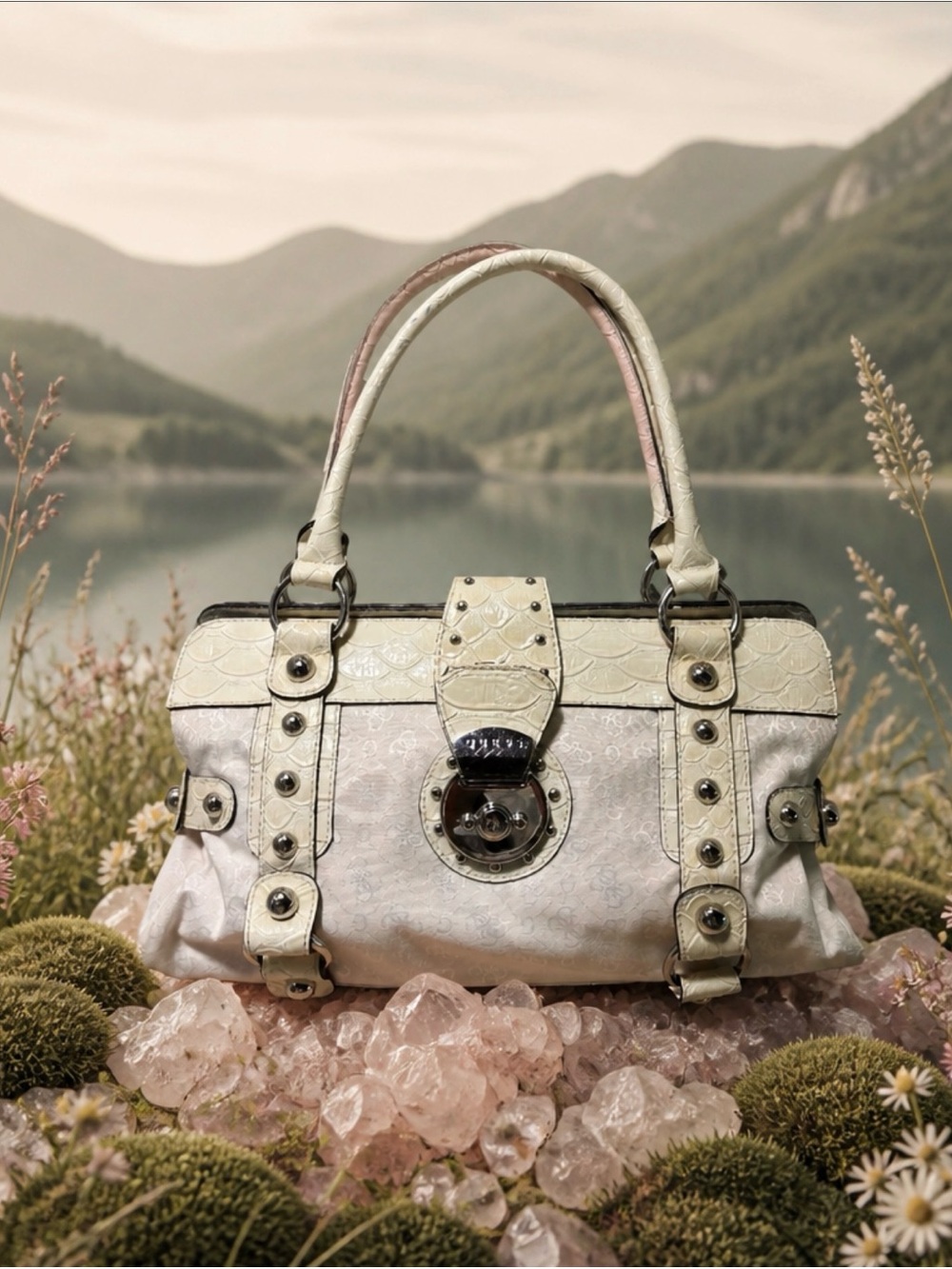 Guess Ivory Floral Embossed Satchel with Silver Hardware